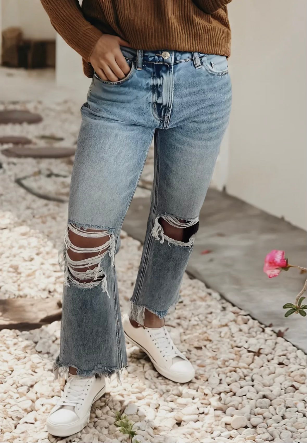 Raw Hem Open Knee Ripped Jeans