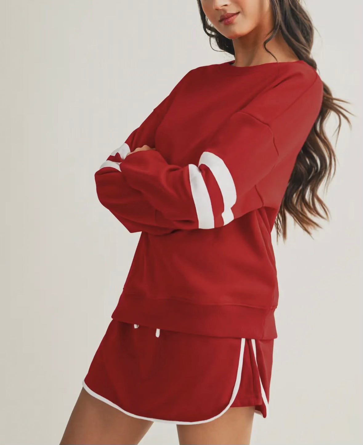 Stripe Detail Drop Shoulder Pullover Mini Skirt Set