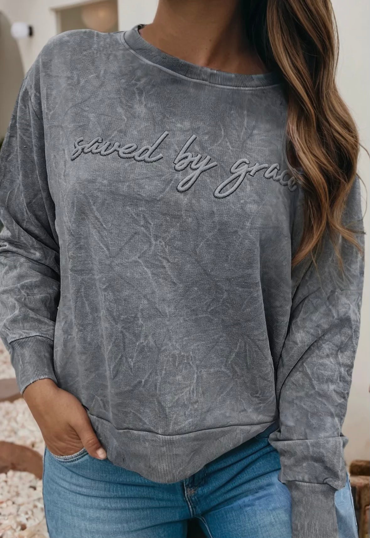 Saved By Grace Embroidered Mineral Wash Sweatshirt