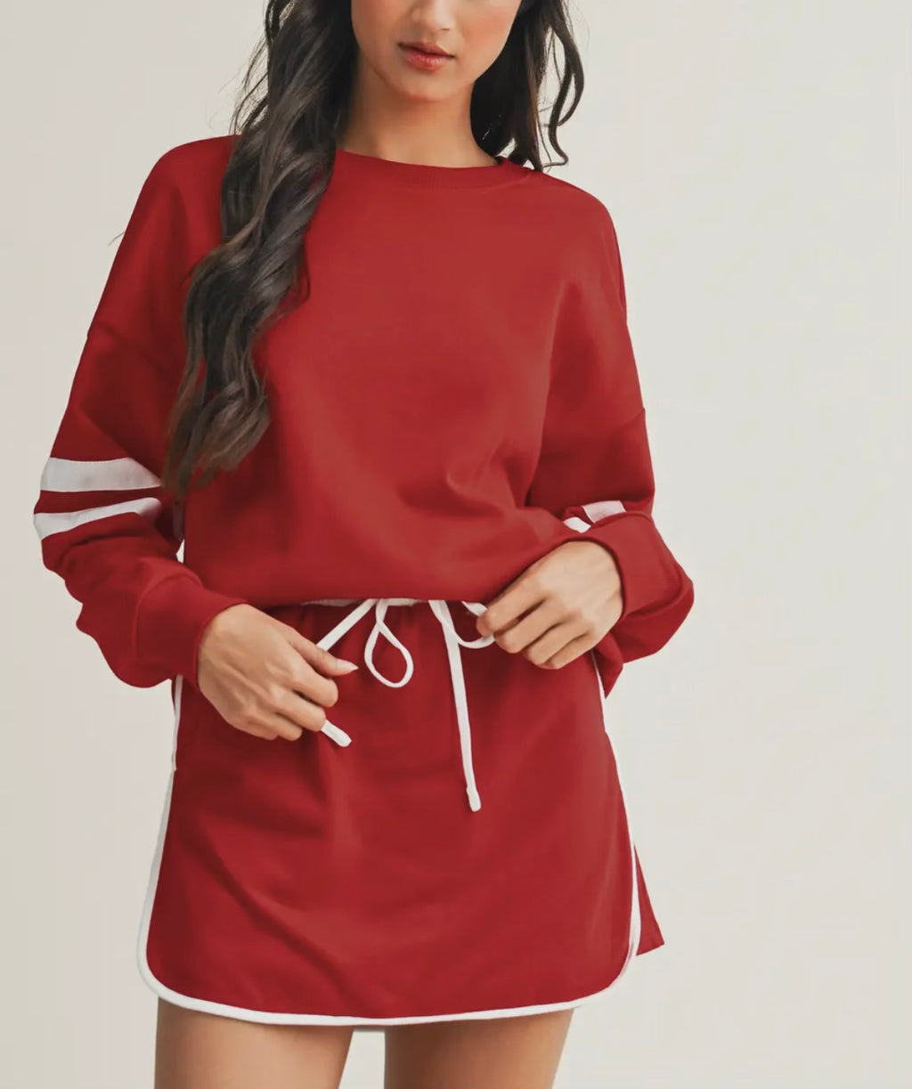 Stripe Detail Drop Shoulder Pullover Mini Skirt Set