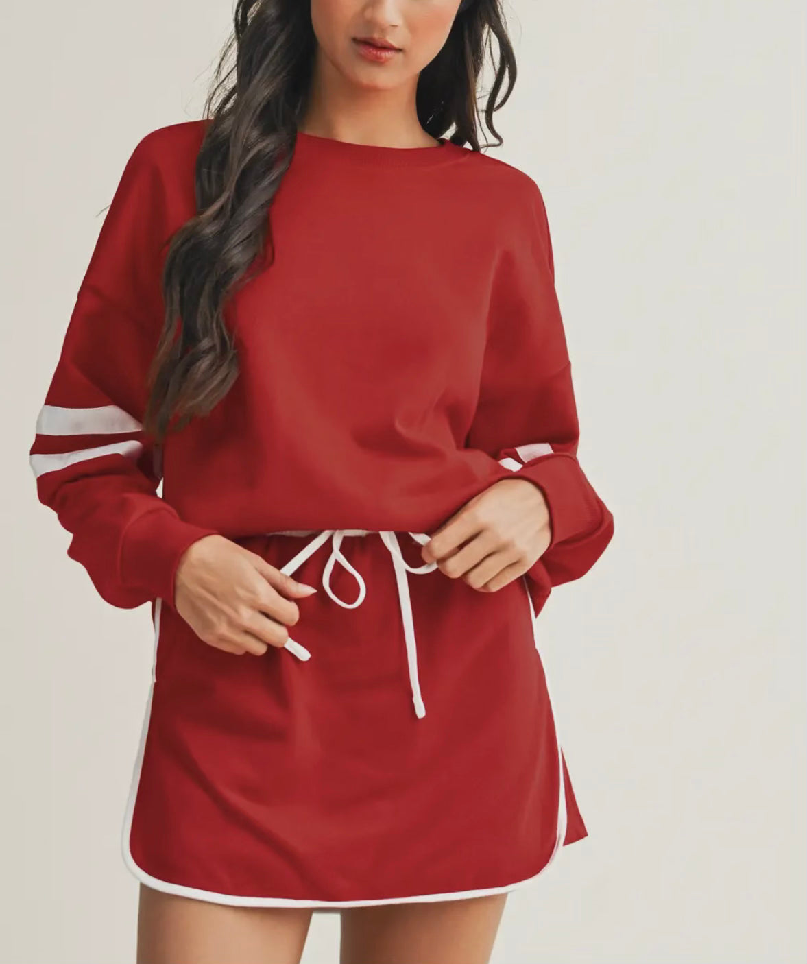 Stripe Detail Drop Shoulder Pullover Mini Skirt Set