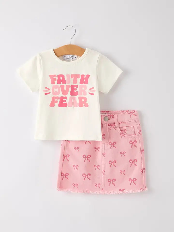 Girls Set Letter T-Shirt + Pink Bow Printed Denim Skirt