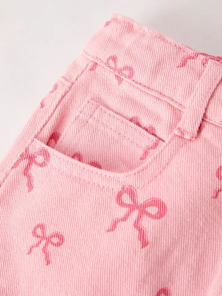 Girls Set Letter T-Shirt + Pink Bow Printed Denim Skirt